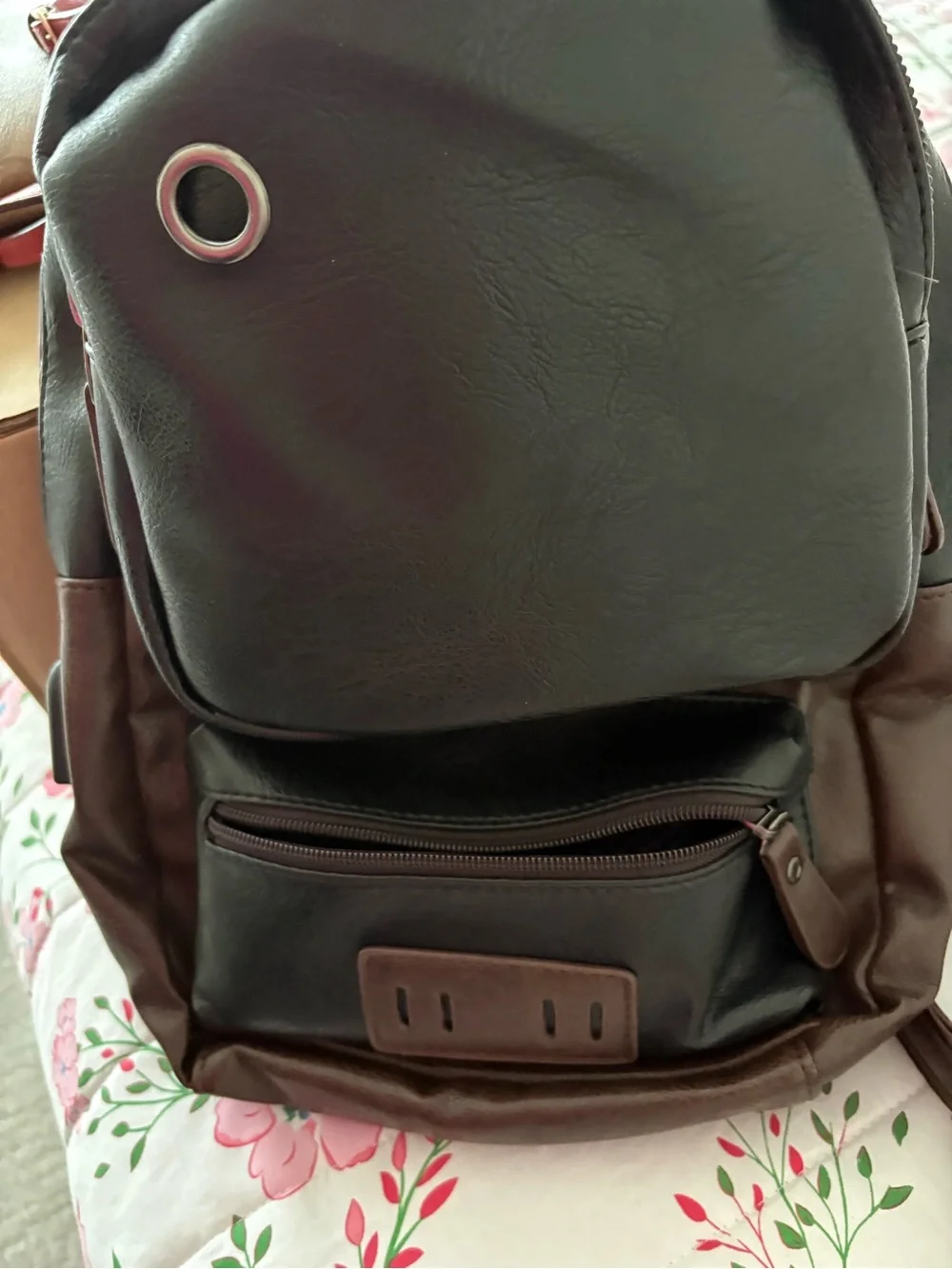 Men's Black and Brown Faux Leather Backpack